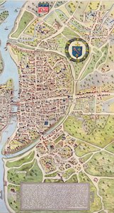 Detalje af venstre bred, fra kortet over Paris ca. 1540, kendt som Plan de la Tapisserie, lavet som et gobelin ca. 1570, 1818 farvegravering